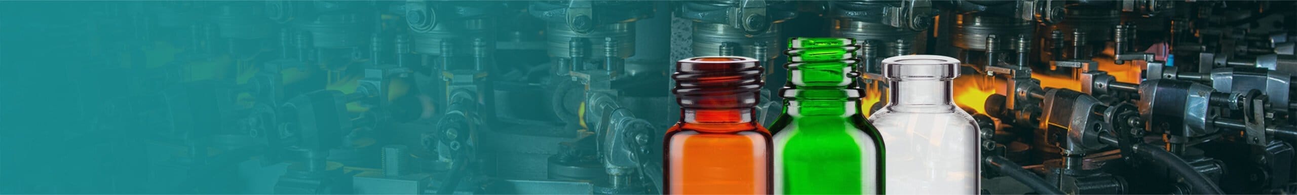 a graphic of different types of glass bottles with manufacturing glass processes in the background