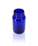 Close up photo of the Origin 100ml blue glass pharma jar