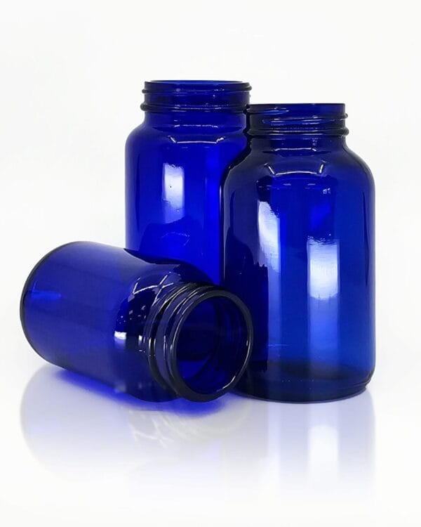 A group shot of some of Origin's blue pharma jars